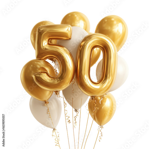 Golden balloons celebrating a milestone birthday with the number 50, perfect for a festive occasion or party decoration