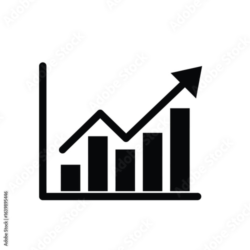 Simple black and white icon representing a growing bar chart with an upward trending arrow