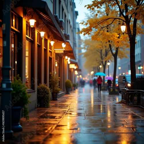 Rainy city street with warm light in the windows, yellow leaves swaying.