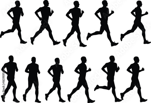 Runner silhouettes, jogging man, athletic male in motion, running sequence, marathon training, fitness exercise, sports poses, stride cycle, black on white, vector illustration