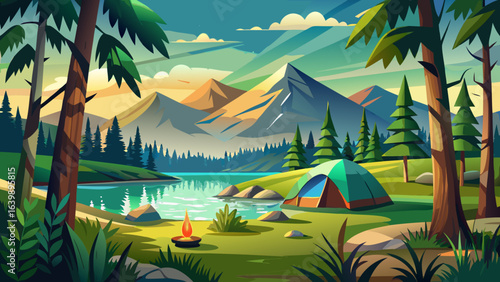 Semi-realistic vector captures camping green tent in forest near lake, gentle ripples, distant mountains, warm light, lush greenery, harmony, exploration, tranquility, inspiring scenic beauty, and unf