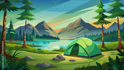 Semi-realistic vector captures camping green tent in forest near lake, gentle ripples, distant mountains, warm light, lush greenery, harmony, exploration, tranquility, inspiring scenic beauty, and unf