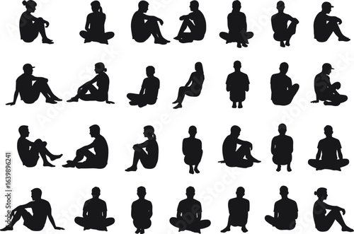 Sitting people silhouettes, men and women seated poses, casual posture collection, floor and chair positions, black figures on white background, vector illustration set