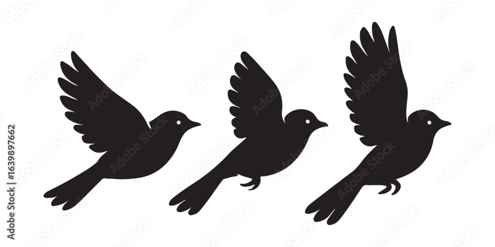 Naklejka premium Three black silhouette birds in flight against a white background