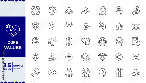 Pixel Perfect,  Core values line icons. Integrity, Empathy and Strategy. Vision, Social Responsibility, Commitment, Personal Growth, Innovation, Family, Problem Solving. icon set Collection