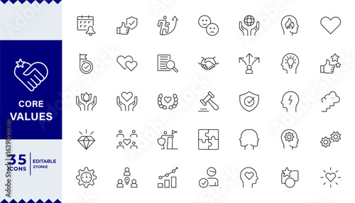 Pixel Perfect,  Core values line icons. Integrity, Empathy and Strategy. Vision, Social Responsibility, Commitment, Personal Growth, Innovation, Family, Problem Solving. icon set Collection