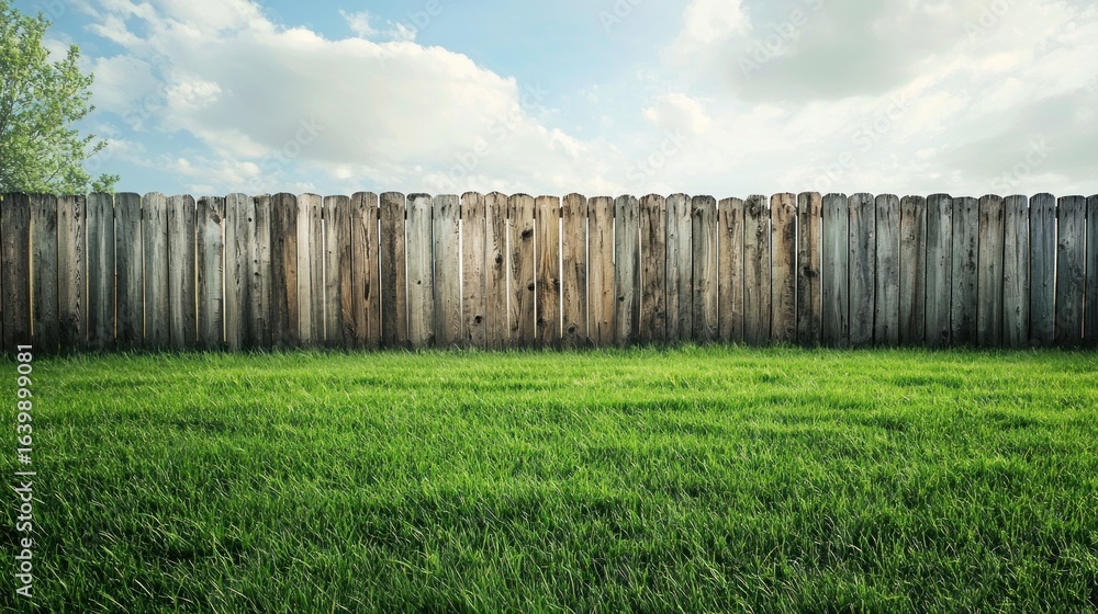Fototapeta premium A wooden fence with a green lawn in the background, under a blue sky with white clouds.