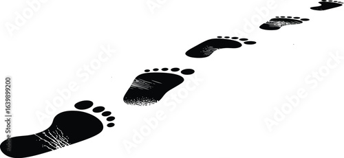 A trail of black human footprints on a white background, symbolizing a journey of progress, personal growth, and moving forward.