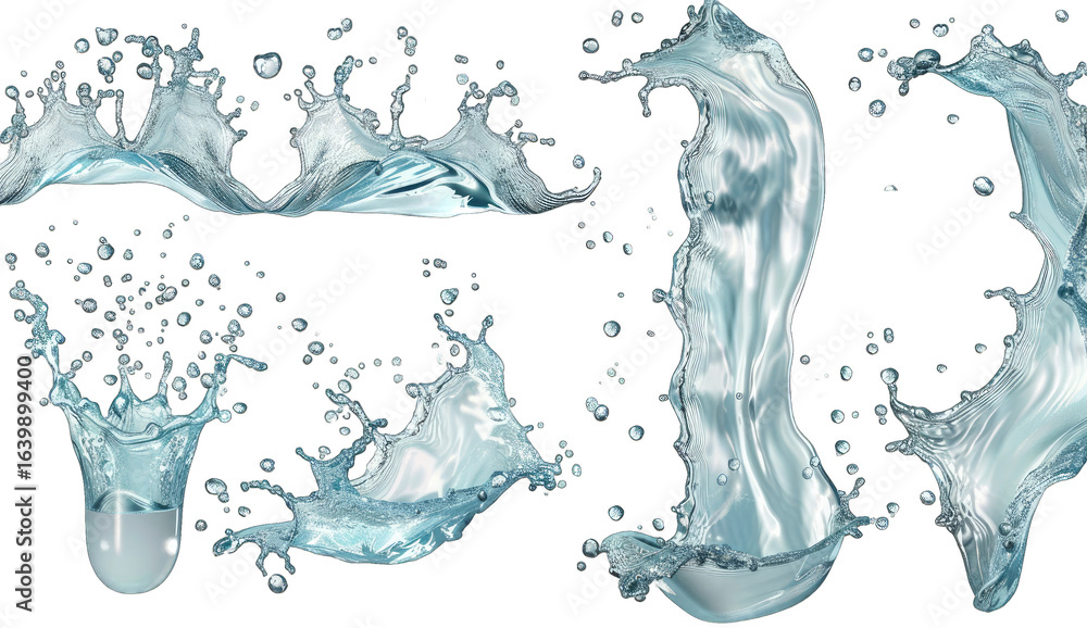 Fototapeta premium Water splashes and drops in various forms