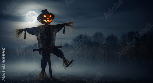 A spooky halloween scarecrow with a glowing pumpkin head under a full moon in a misty field