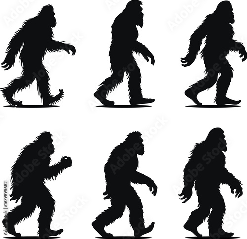 A collection of black silhouettes depicting the legendary Bigfoot