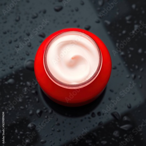 Red jar cream with swirl, and wet surface.