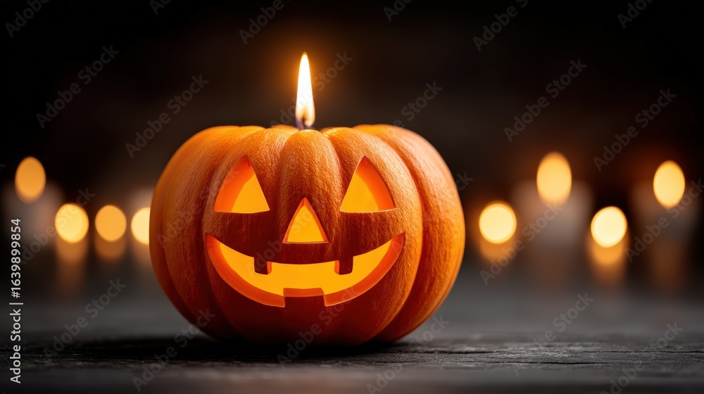 Fototapeta premium Smiling Halloween Pumpkin with Candle Glow Against Dark Background