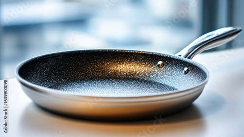 Close-up of aluminum frying pan highlighting interior texture and reflective surface
