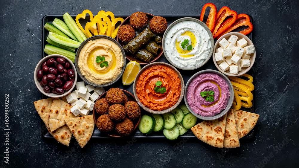 A vibrant mezze platter with hummus, falafel, dolma, feta cheese, and fresh vegetables, an inviting spread for sharing, representing mediterranean cuisine and healthy eating A vibrant mezze platter with hummus, falafel, dolma, feta cheese, and fresh vegetables, an inviting spread for sharing, representing mediterranean cuisine and healthy eating