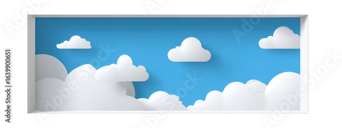 Simple, stylized illustration of a  sky with puffy white clouds against a vibrant light blue backdrop.  A framed, flat design