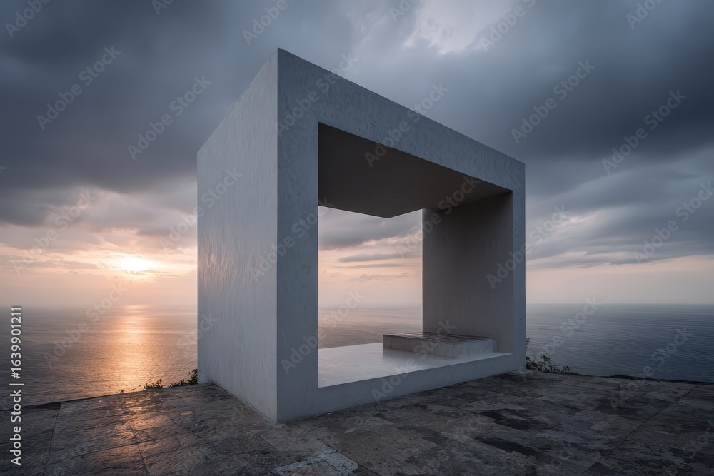 Fototapeta premium Minimalist Concrete Pavilion Overlooking Ocean Sunset