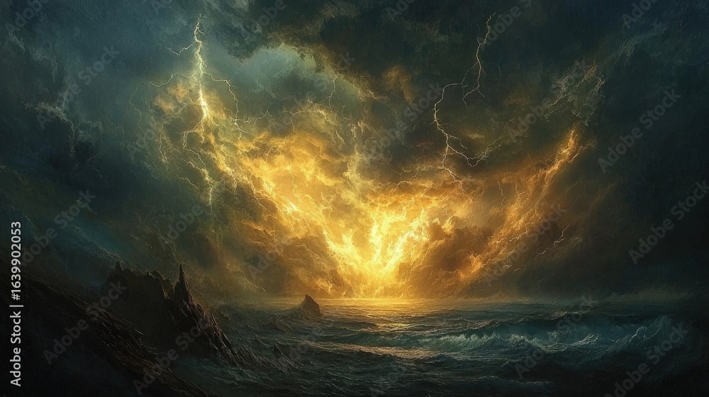 Naklejka premium Dramatic stormy sky above a turbulent ocean.