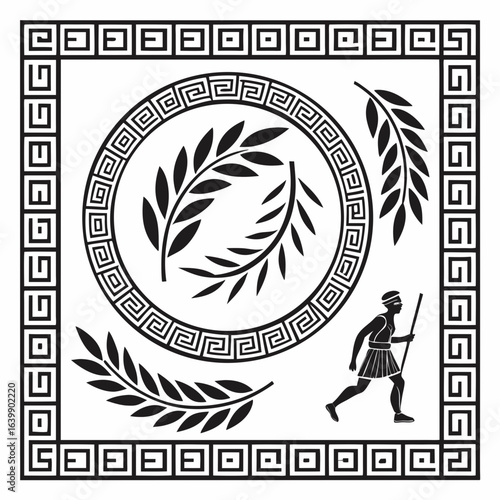 Ancient Greek Ornament with Meander Border Olive Branches and a Man with a Spear in Black and White