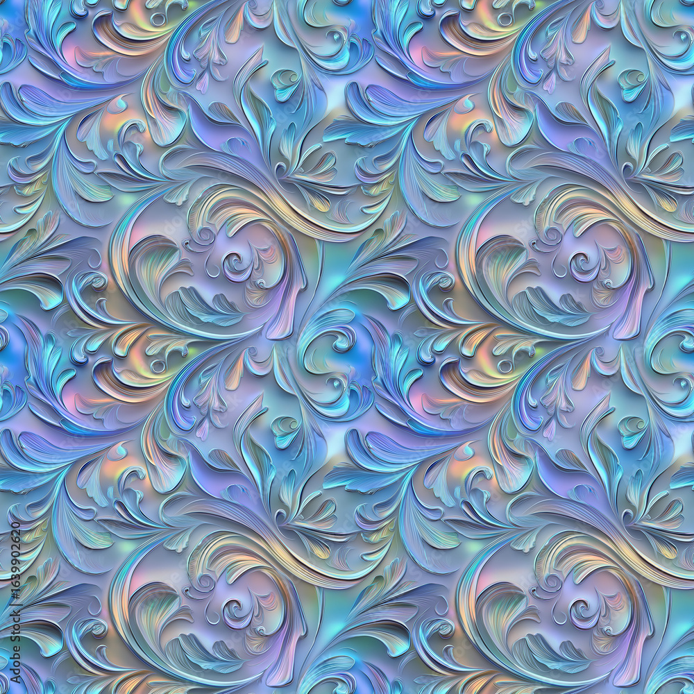 Obraz premium Pearlescent holographic seamless pattern with ornate swirling floral design