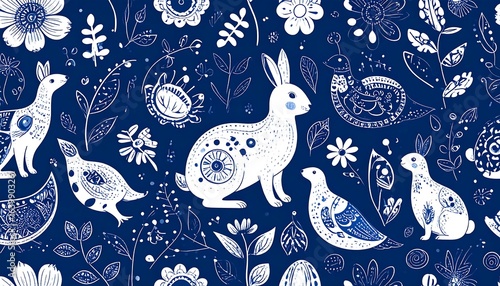 White animals and flowers pattern