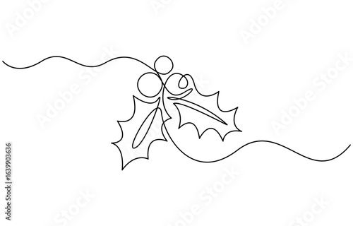 Holly berry leaves Continuous line hand-drawn. Christmas Hollyberry Vector illustration,  vector one line minimal illustration of a bunch of holly berries and leaves. 