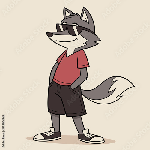 Cartoon Cool Wolf Wearing Sunglasses Casual Outfit Standing Illustration