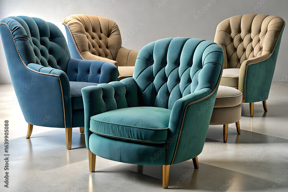 Obraz premium A collection of tufted armchairs in various colors arranged in a studio setting with a neutral background