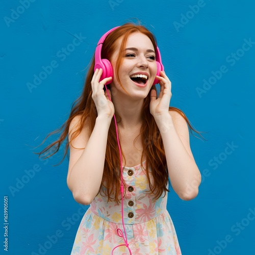 Carefree pretty girl scream from joy, listening music in headphones with happy face, lip-sync lyrics, standing over blue background.	