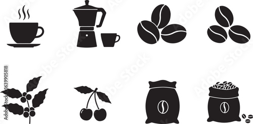 Coffee icons hot drink beans plant and bags saucer