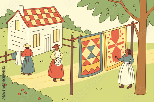 handmade quilts hanging at a summer fair in nauvoo illinois, with locals in period attire