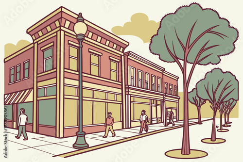 historic district in moline illinois with preserved buildings, colorful murals, and people strolling the sidewalks