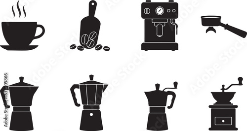 Coffee making equipment icons set saucer steam