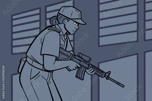 law enforcement officer in Illinois examining an AR-style rifle under dim lighting, background filled with registration forms
