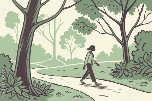 person walking through a park in illinois as cicadas hum loudly from surrounding trees and foliage