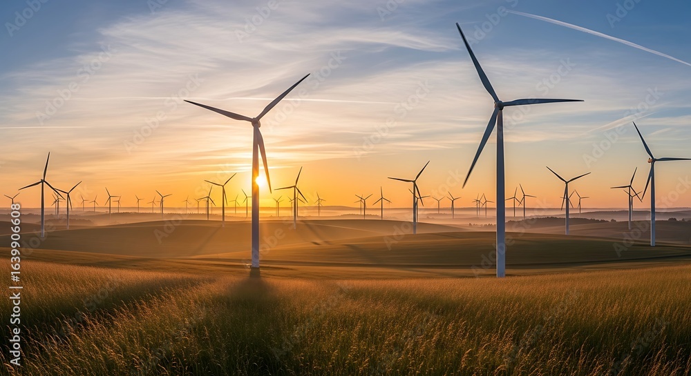 Obraz premium Breathtaking Sunset Over a Scenic Wind Farm: Renewable Energy Landscape with Towering Turbines Surrounded by Lush Green Fields and a Golden Horizon, Perfect for Sustainability and Eco-Friendly Themes