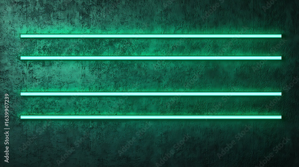 Obraz premium A textured wall with four parallel glowing neon strips in vibrant green, creating a modern and artistic ambiance.