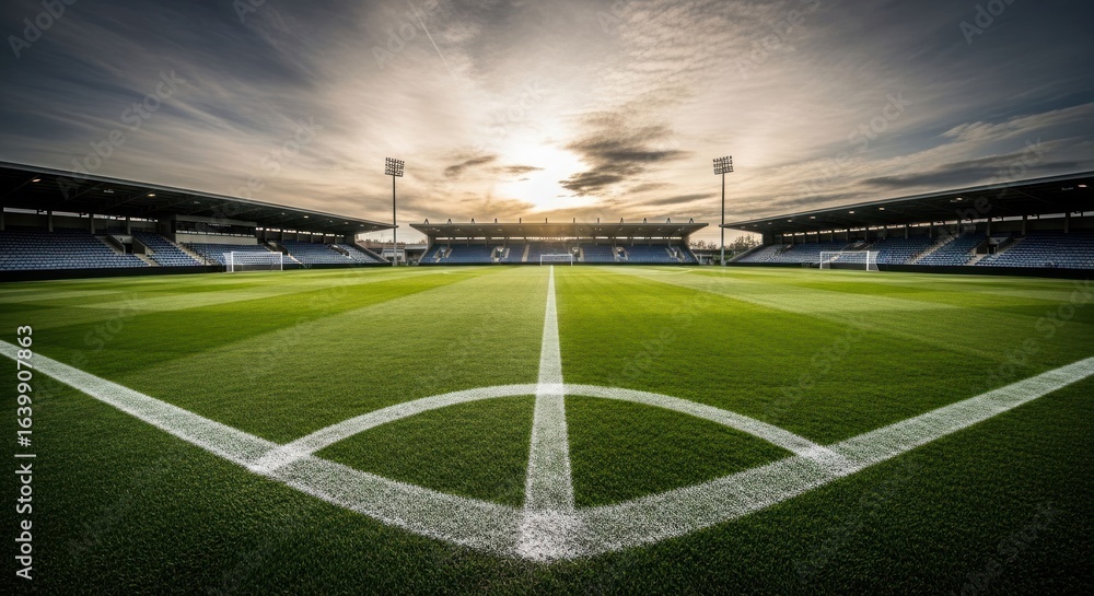 Fototapeta premium Empty stadium under a dramatic sky, bright green field & crisp white lines