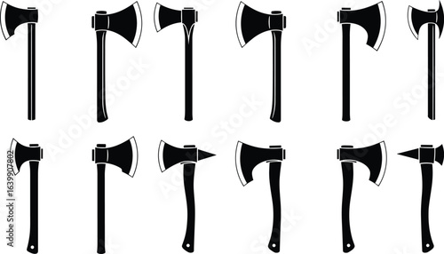 Black and white axe vector set, diverse blade styles, cad drawing flat vector illustration, weapon silhouette, historical tool design elements