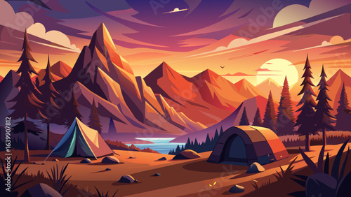 Semi-realistic vector shows tourist tent camping in mountains at sunset, warm colors, dramatic sky, soft shadows, serene landscape, exploration mood, breathtaking scenery, peaceful retreat, and timele