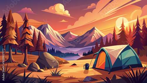 Semi-realistic vector shows tourist tent camping in mountains at sunset, warm colors, dramatic sky, soft shadows, serene landscape, exploration mood, breathtaking scenery, peaceful retreat, and timele