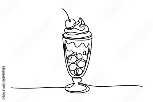 Minimalist One Line Drawing of an Ice Cream Sundae in a Glass – Continuous Line Dessert Illustration