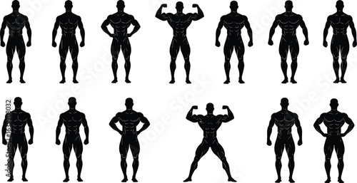Bodybuilder silhouette icon set, muscular male poses, black vector illustration, cad drawing, flexing biceps, fitness competition stances