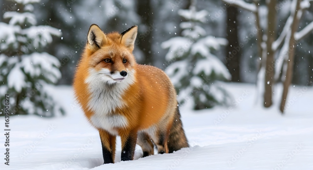 A red fox stands in a snowy forest, its orange fur and white chest contrasting with the winter landscape, evoking a serene atmosphere, AI Generated. A red fox stands in a snowy forest, its orange fur and white chest contrasting with the winter landscape, evoking a serene atmosphere, AI Generated.