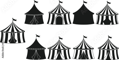 Circus tent icon set, black and white vector illustration, carnival silhouette pack, festive marquee collection, cad drawing flat vector illustration