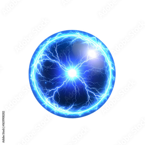  Blue ball lightning on a transparent background. Abstract electric lightning strike. Light flash, thunder, spark. PNG