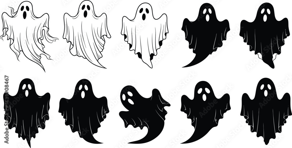 Obraz premium Ghost icon vector set, black and white silhouette collection, spooky character pack, Halloween spirits, cad drawing flat vector illustration