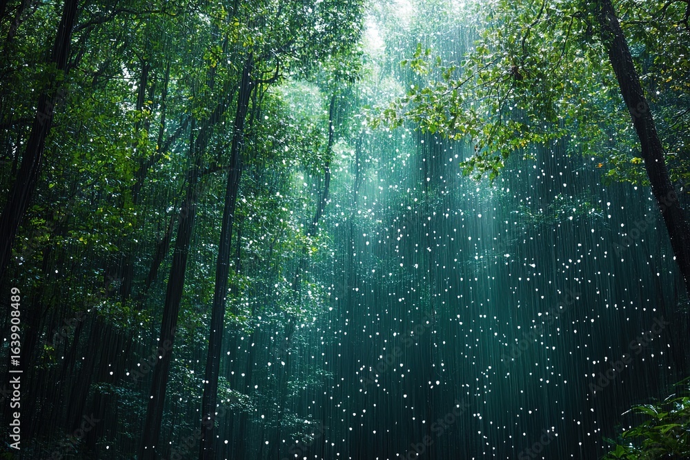 Obraz premium peaceful meditation with soft rain falling on a forest canopy