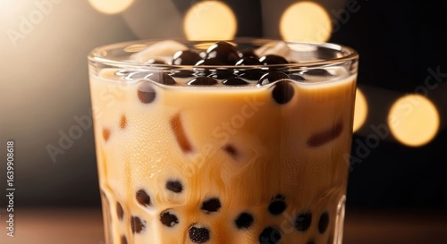Boba drink in glass with ice and tapioca pearls, bokeh lights background
