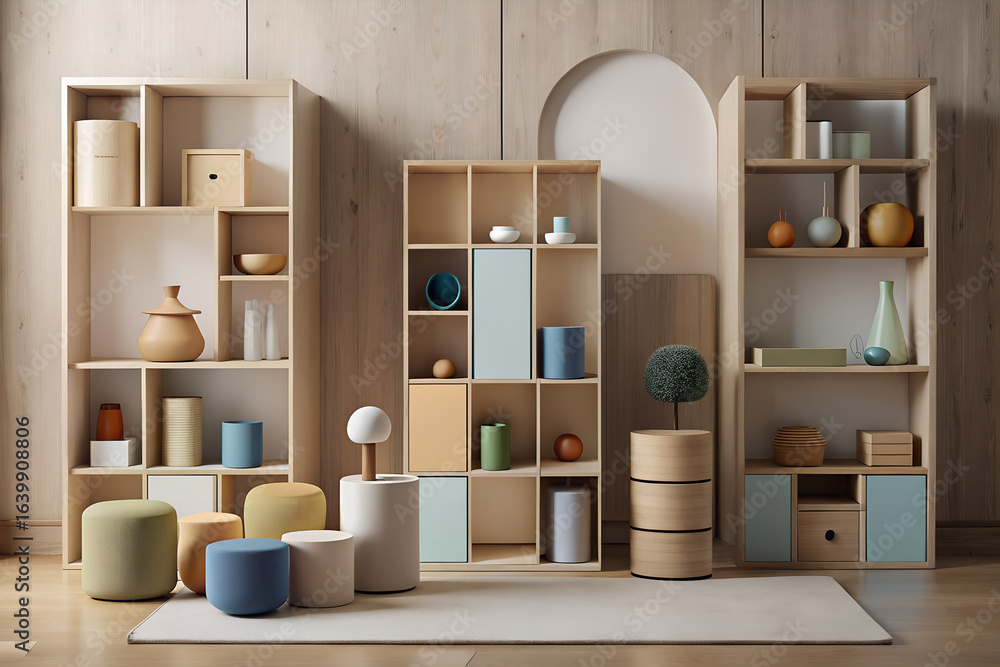 Fototapeta premium Three light wood shelving units with various decorations and colorful stools in a minimalist setting